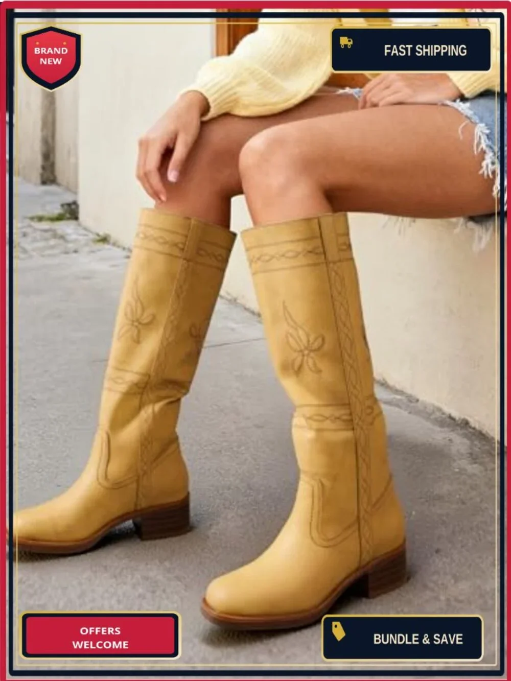 Women's Knee High Boots Square Toe Pull-On Faux Leather Vintage Western
